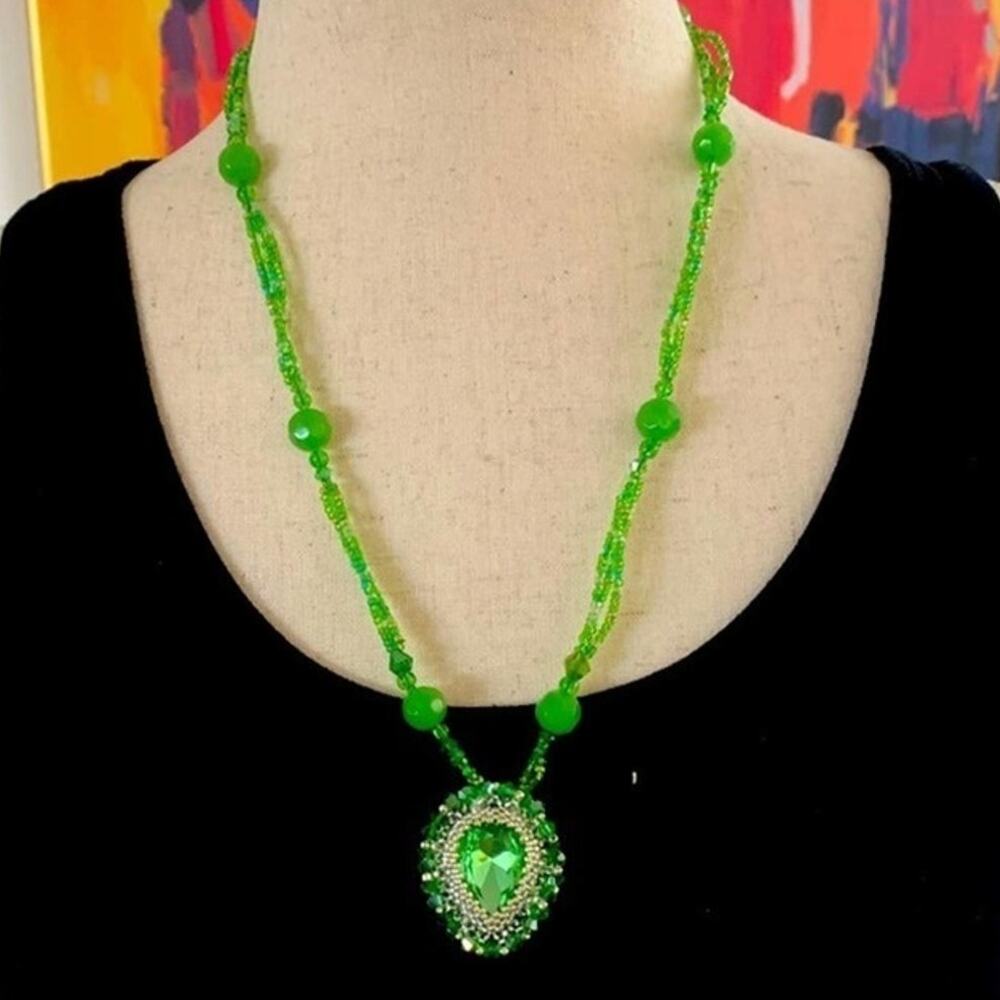 Emerald green pear crystal bezeled pendant necklace hand made one of a kind